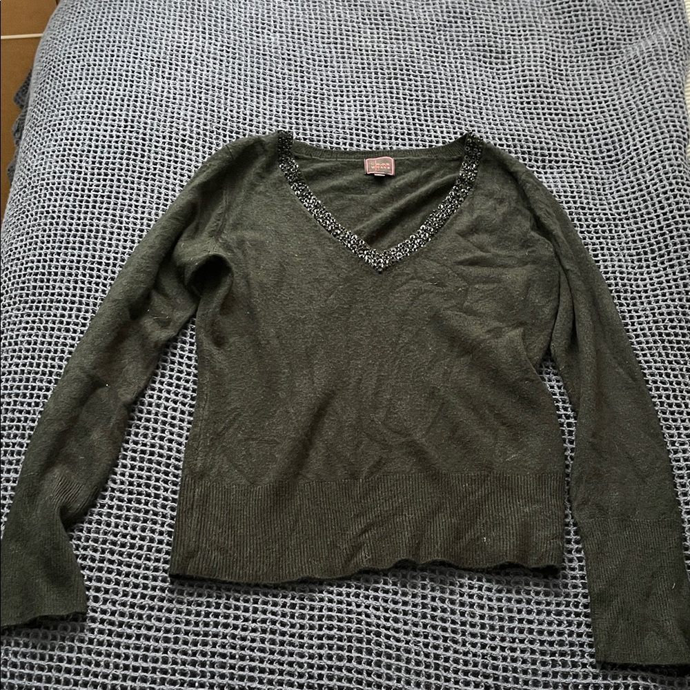 Colour Works Black V-Neck Sweater with Rhinestone Embellished Trim